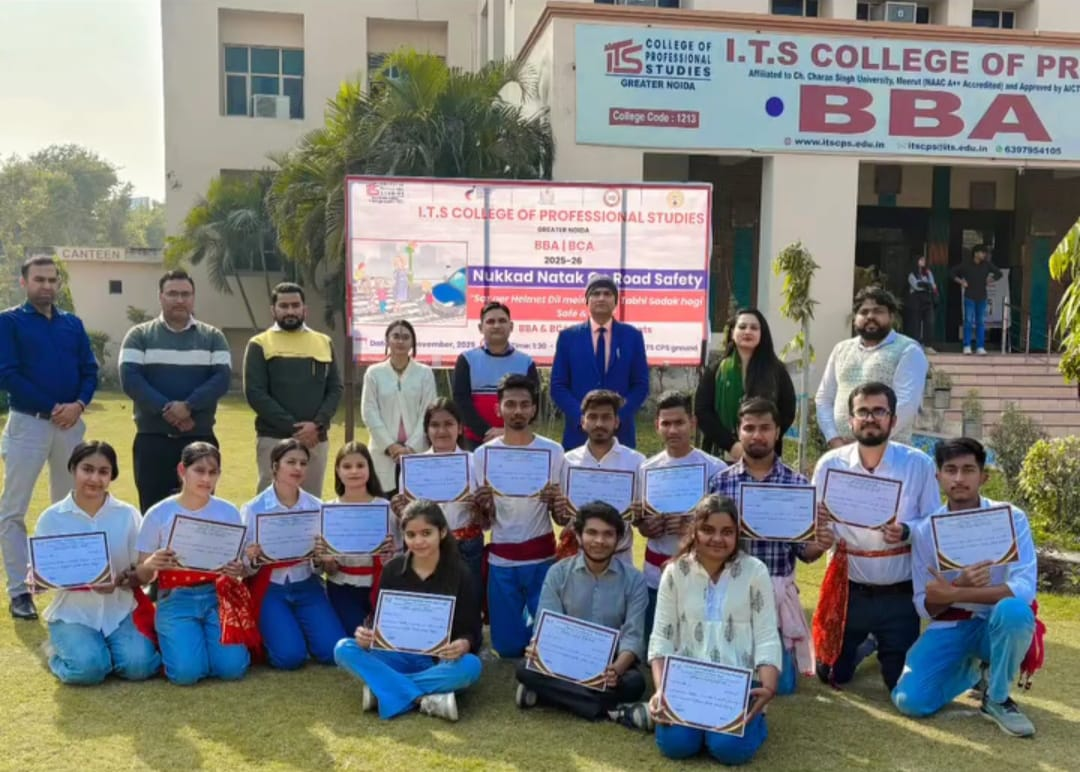 ITS CPS BBA BCA students performing Nukkad Natak street play on Road Safety at ITS CPS Ground Greater Noida November 2025